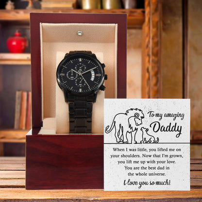 Dad Gift -You Lift My Up With Love Lion and Cub Black Chronograph Watch