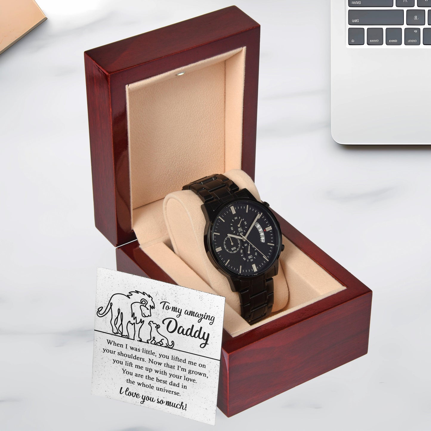 Dad Gift -You Lift My Up With Love Lion and Cub Black Chronograph Watch