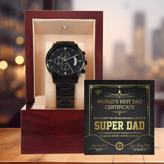 Dad Gift - Super Dad Certificate Black Chronograph Watch