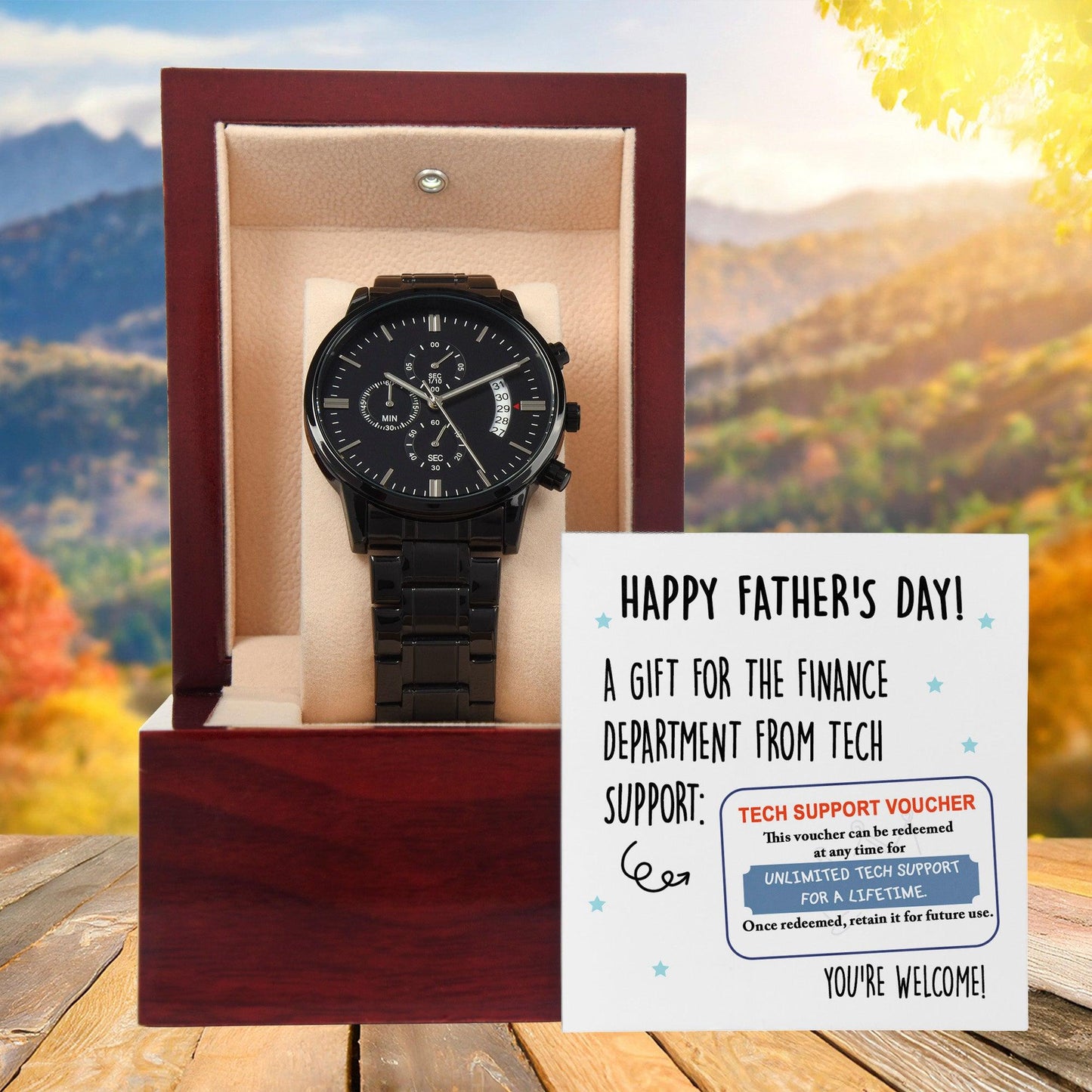 Dad Gift - Tech Support Voucher - Black Chronograph Watch