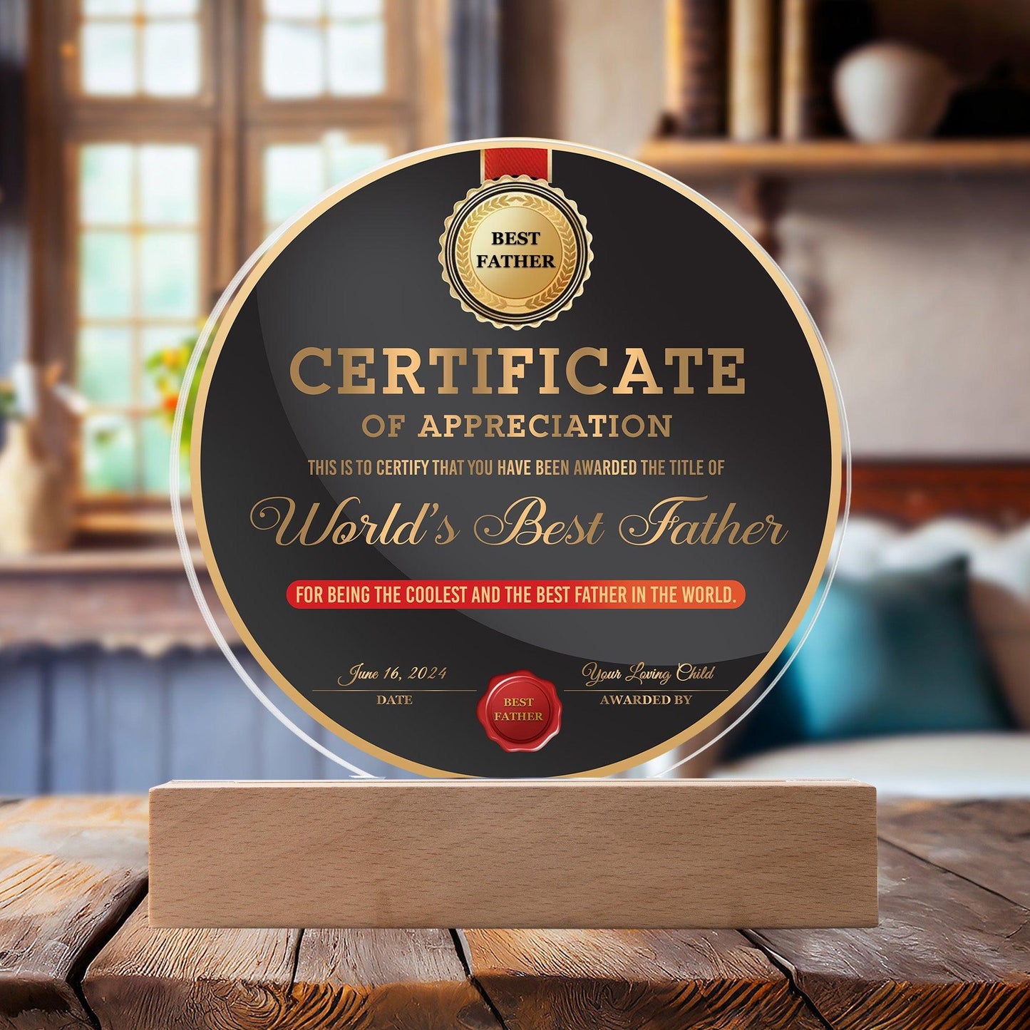 Certificate of Appreciation for the World's Best Father Acrylic Plaque Personalized Father's Day Gift