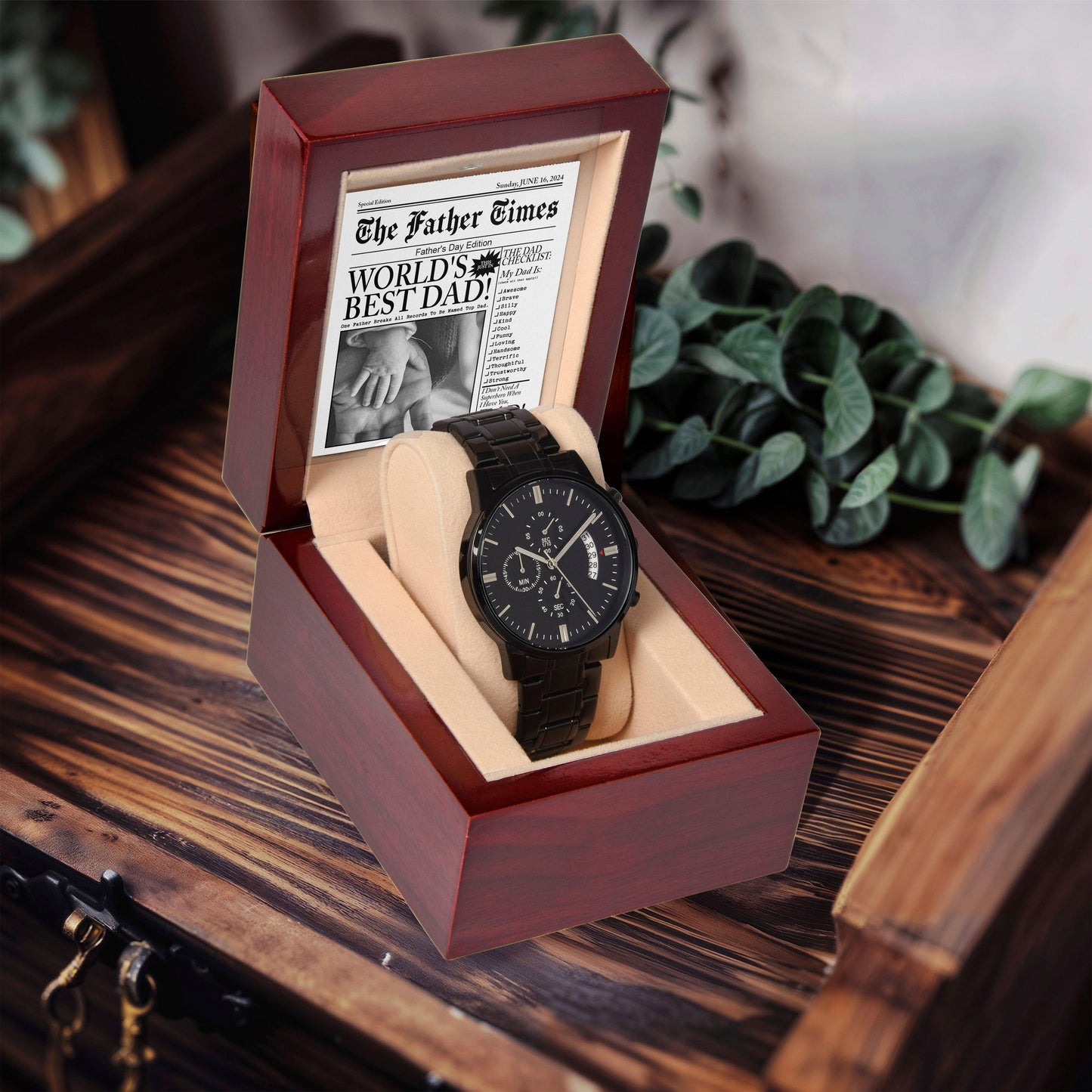 Dad Gift  - Headline on The Father Times - World's Best Dad - Black Chronograph Watch