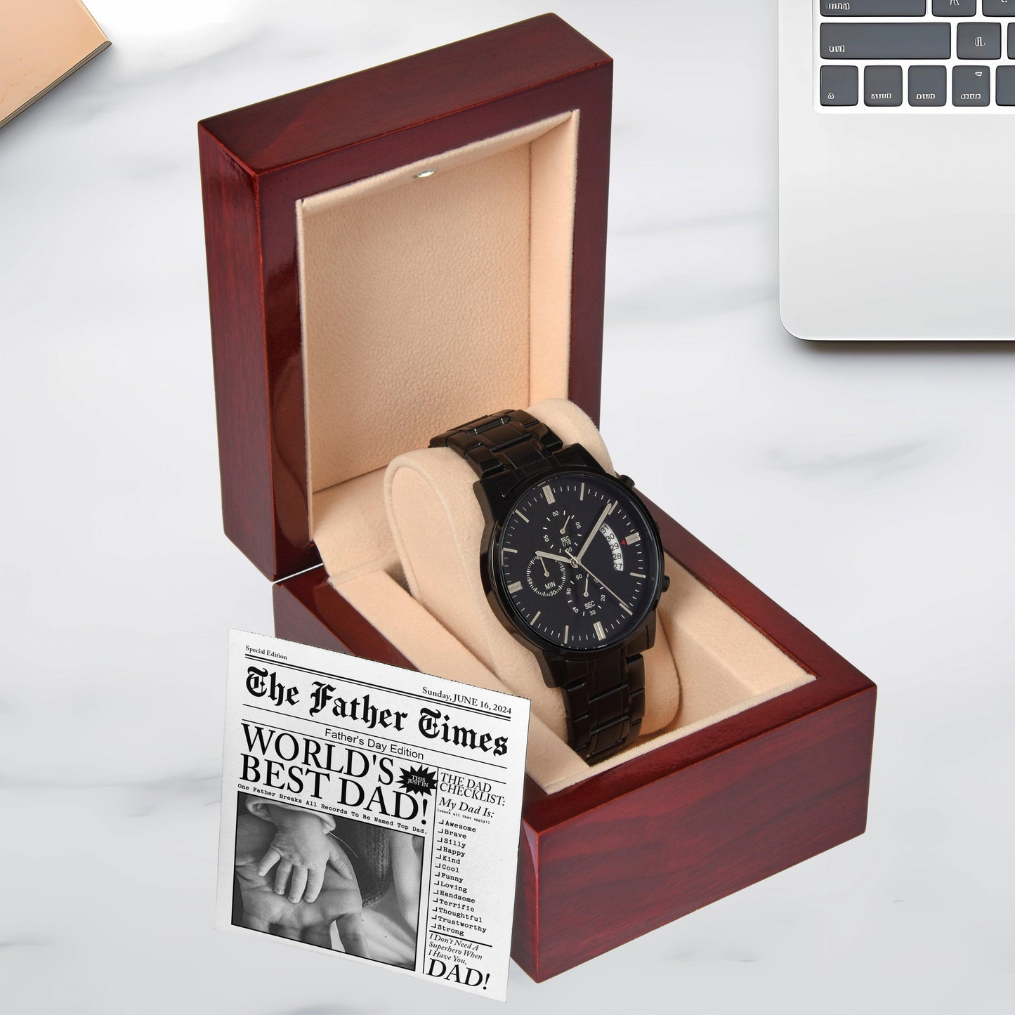 Dad Gift  - Headline on The Father Times - World's Best Dad - Black Chronograph Watch