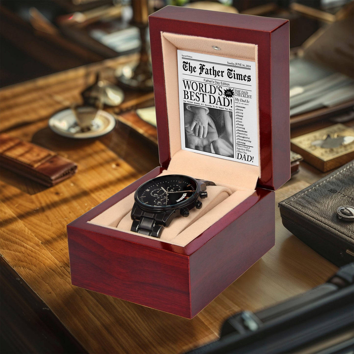 Dad Gift  - Headline on The Father Times - World's Best Dad - Black Chronograph Watch