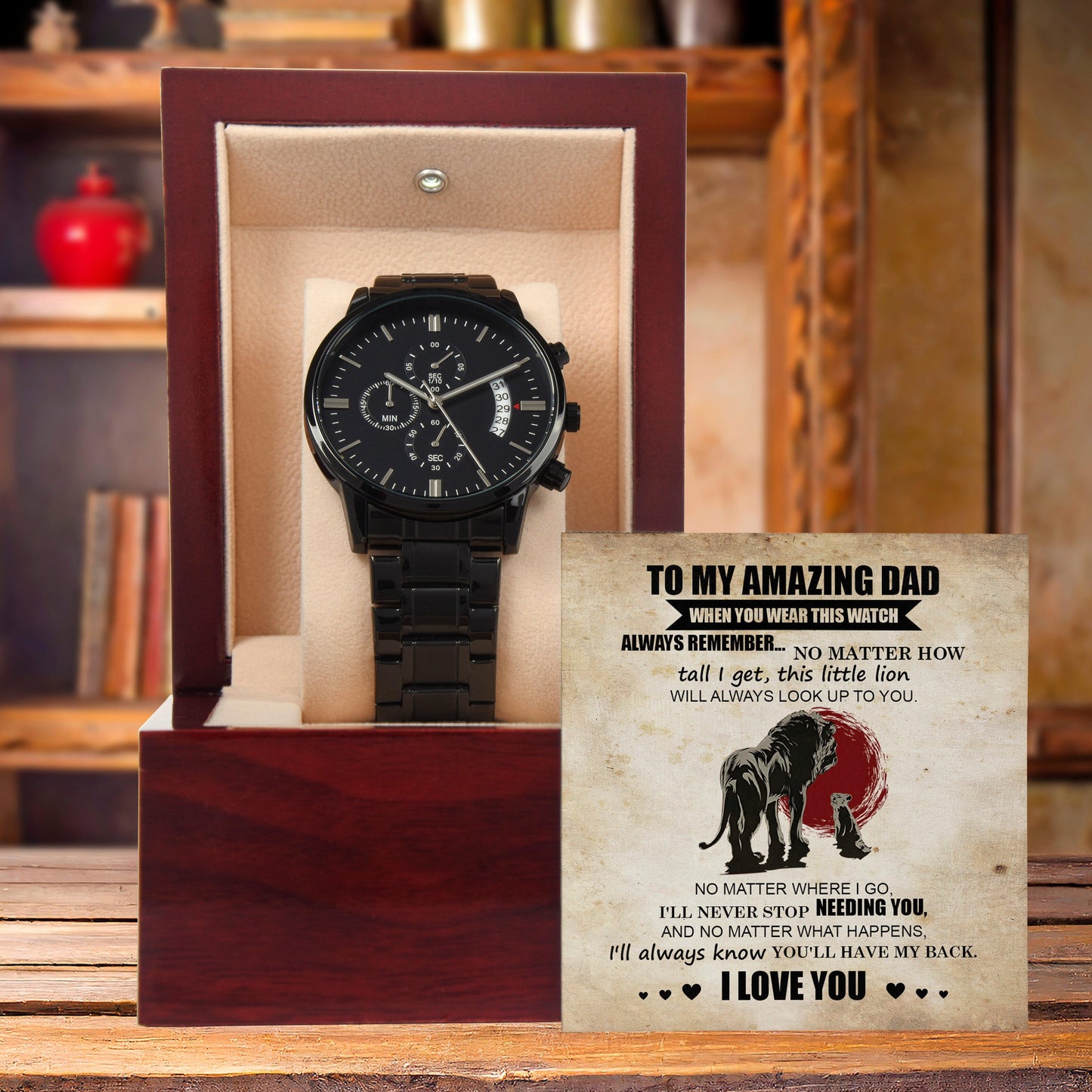 Dad Gift - This Little Lion Will Always Look Up to You - Black Chronograph Watch