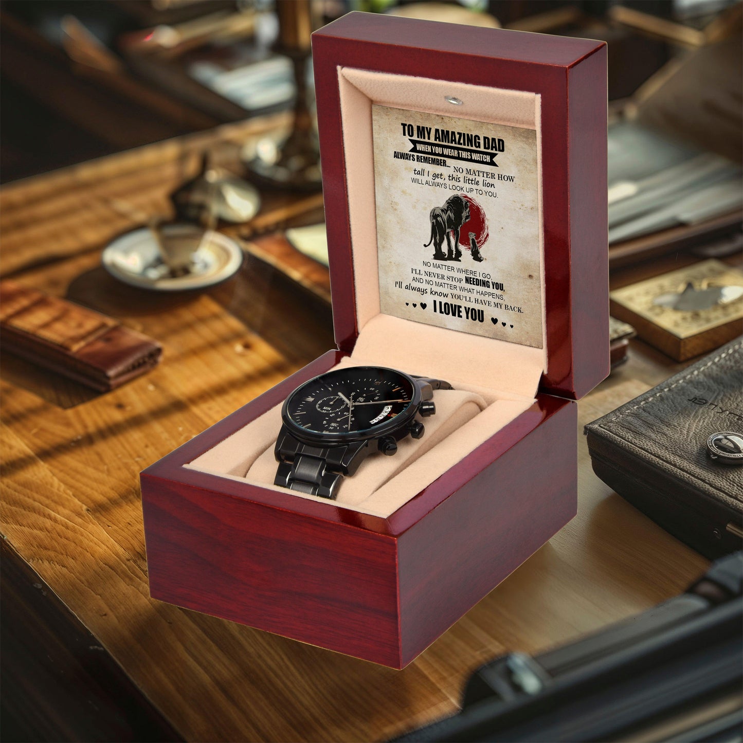 Dad Gift - This Little Lion Will Always Look Up to You - Black Chronograph Watch