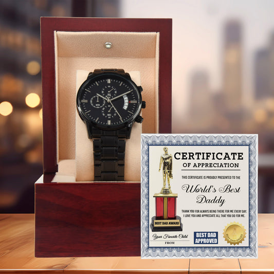 Dad Gift Certificate of  World's Best Daddy Black Chronograph Watch