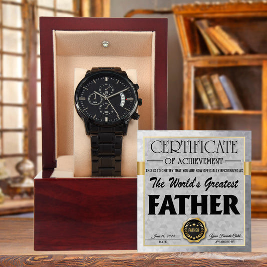 Dad Certificate of Achievement for the World's Greatest Father Black Chronograph Watch