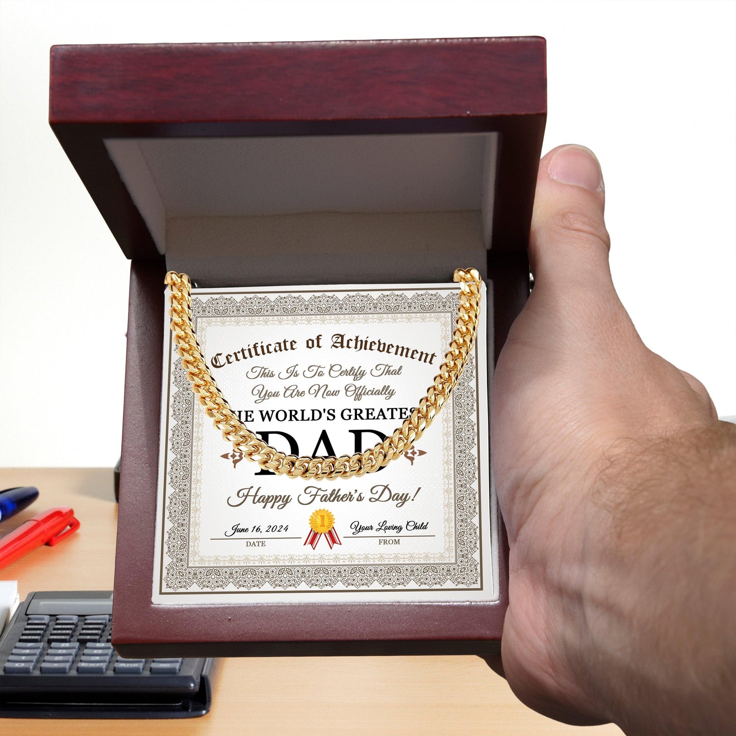 Dad Happy Father's Day Certificate of Achievement Cuban Chain Link Necklace with Gift Box