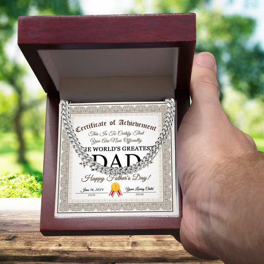 Dad Happy Father's Day Certificate of Achievement Cuban Chain Link Necklace with Gift Box