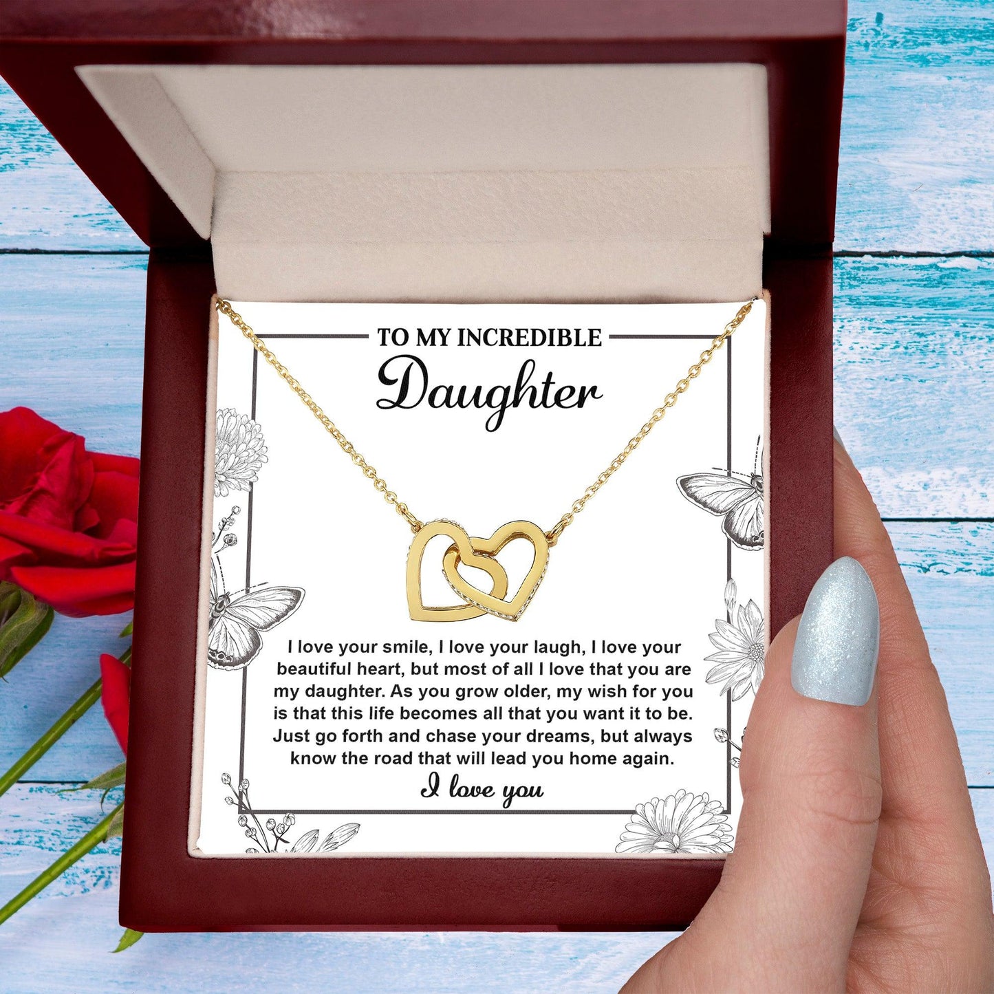 Gift for Daughter with Inspirational Message -I Love Your Smile - Lead You Home Interlocking Hearts Necklace