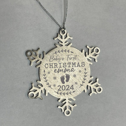 Baby's First Christmas Personalized Laser Engraved Stainless Steel Snowflake Christmas Tree Ornament