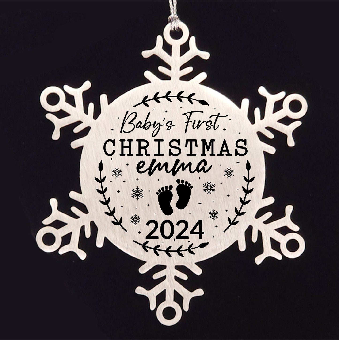 Baby's First Christmas Personalized Laser Engraved Stainless Steel Snowflake Christmas Tree Ornament