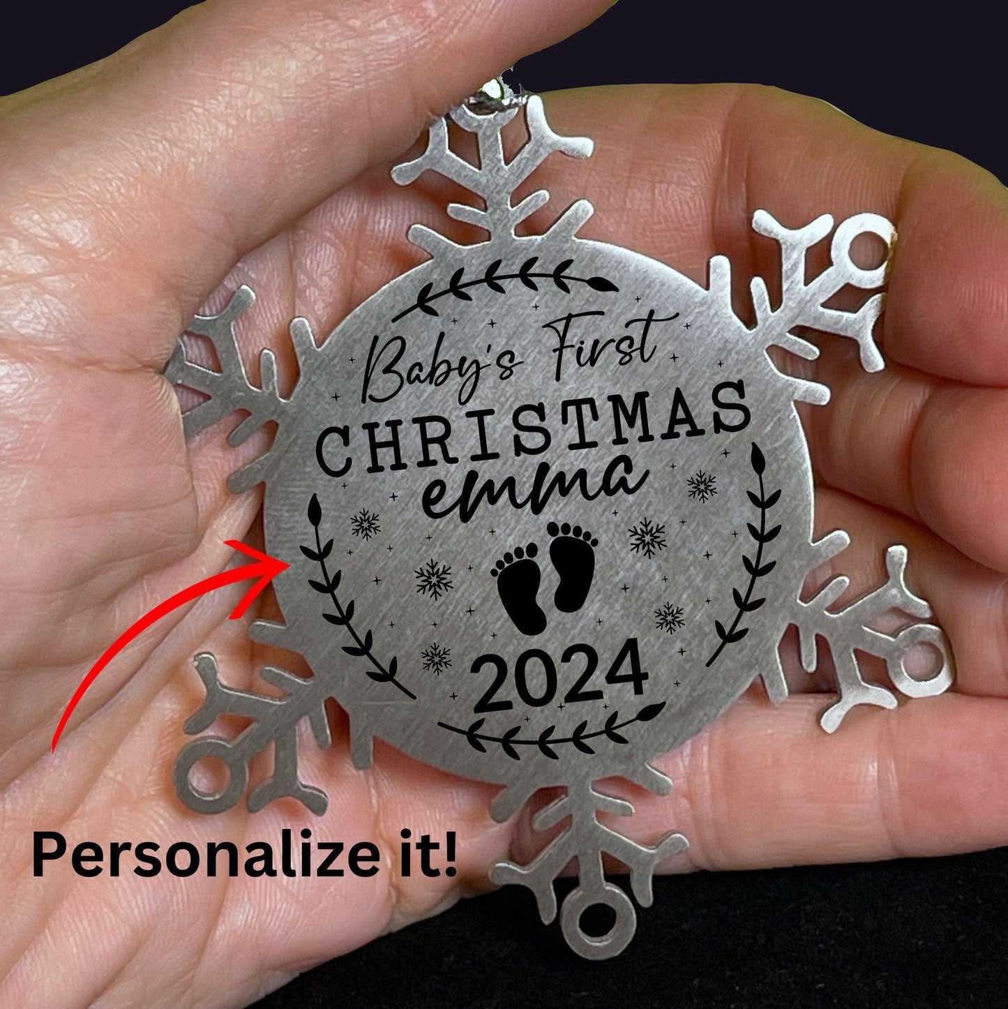 Baby's First Christmas Personalized Laser Engraved Stainless Steel Snowflake Christmas Tree Ornament