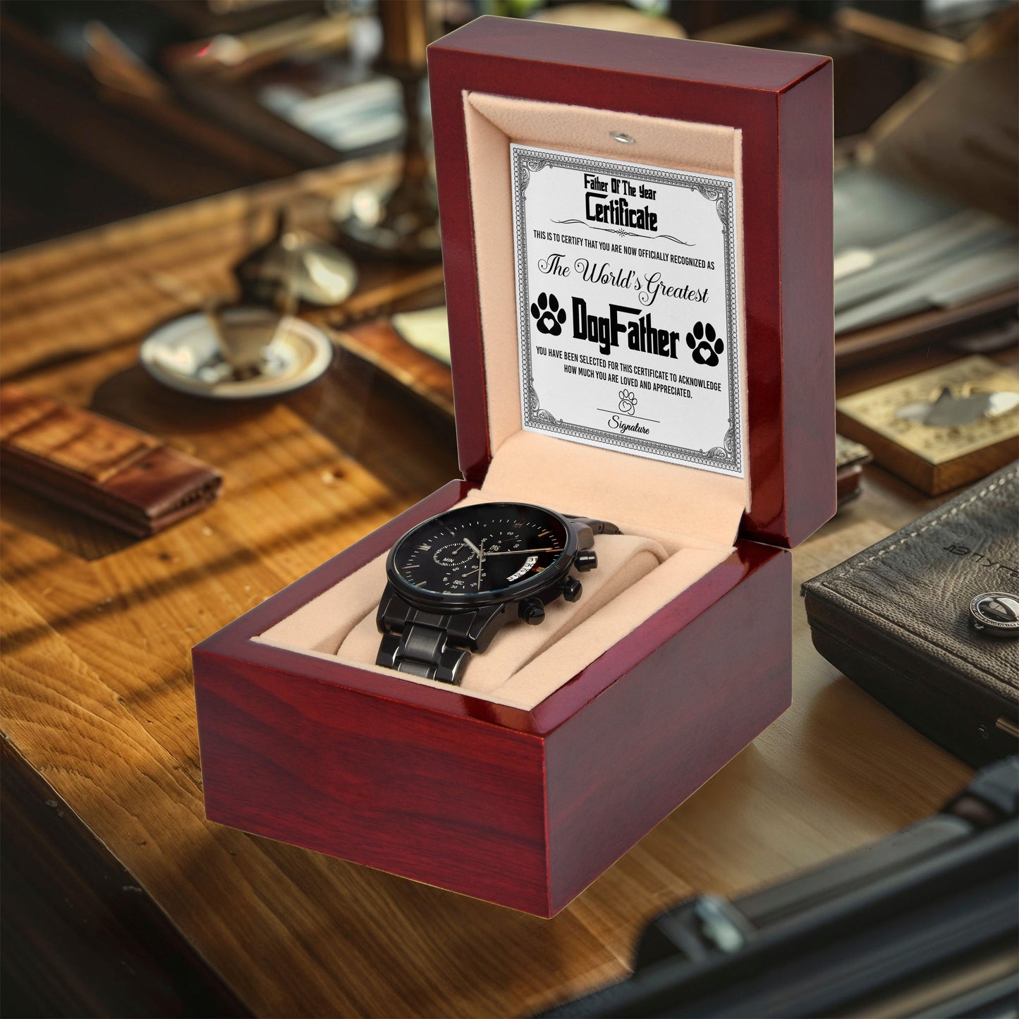 Father of the Year Certificate for the World's Greatest Dog Father Black Chronograph Watch