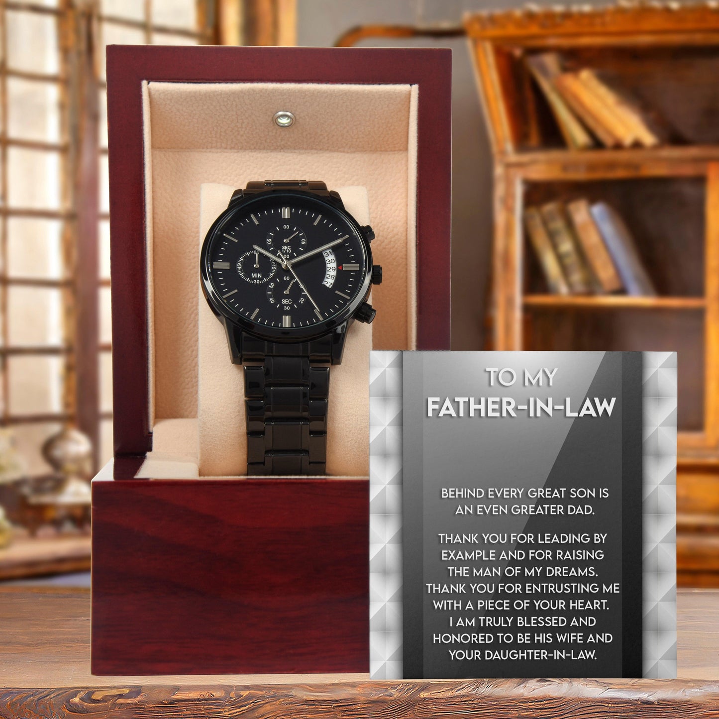 Gift for Father-in-Law Behind Every Great Son Is a Greater Dad Black Chronograph Watch