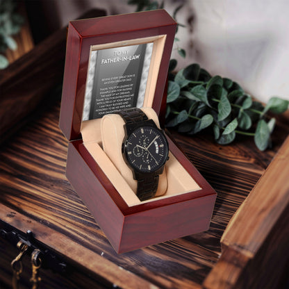 Gift for Father-in-Law Behind Every Great Son Is a Greater Dad Black Chronograph Watch