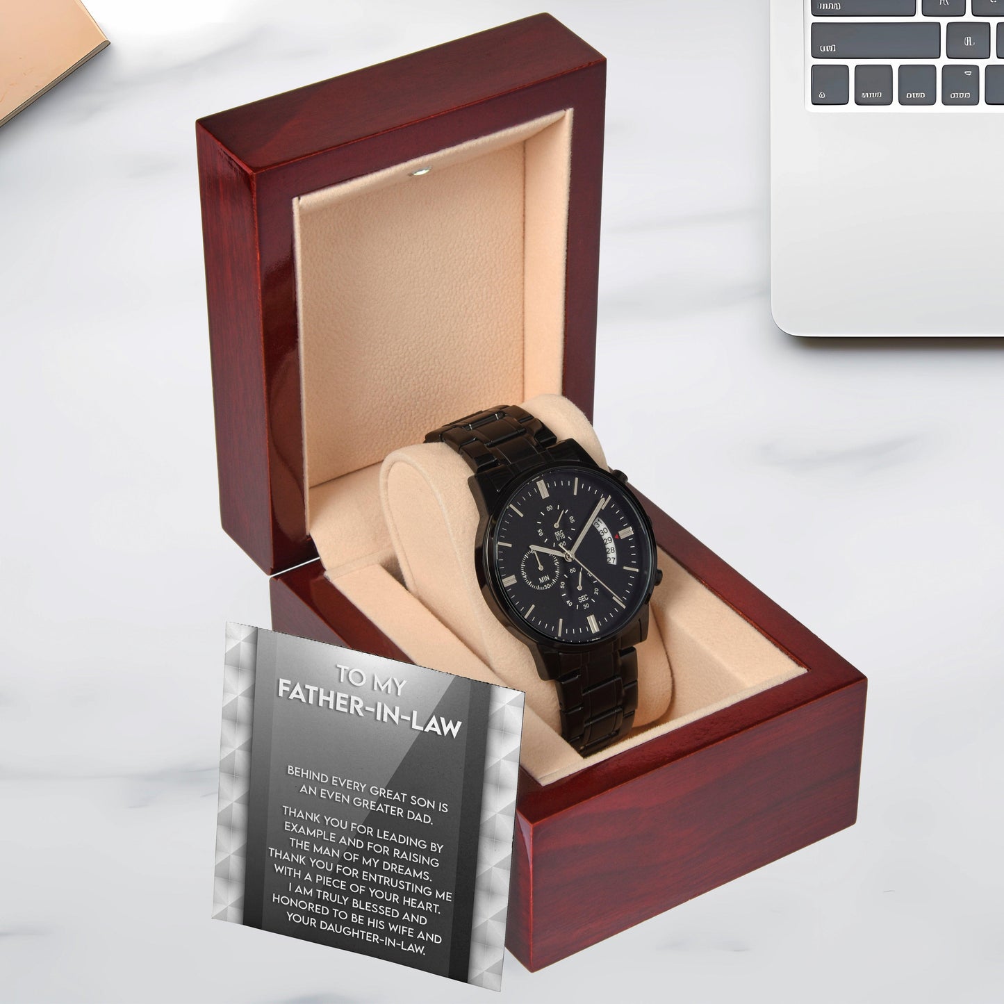 Gift for Father-in-Law Behind Every Great Son Is a Greater Dad Black Chronograph Watch