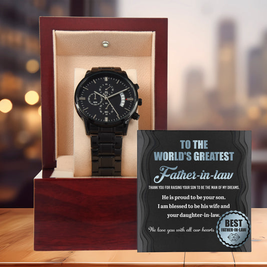 Gift for Father-in-Law He is Proud To Be Your Son Black Chronograph Watch