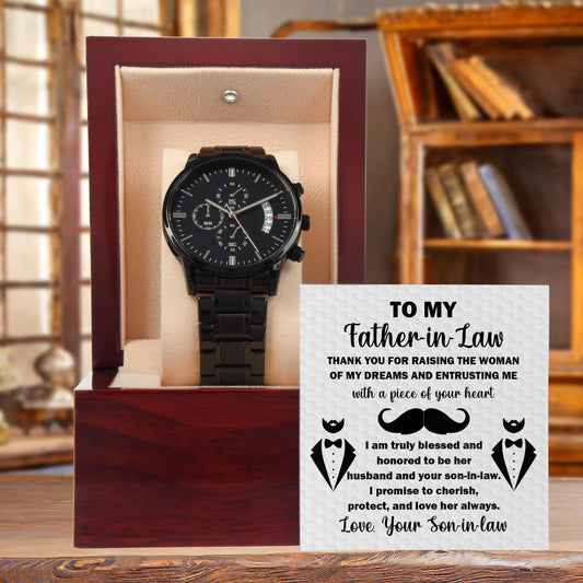 Gift for Father-in-Law Thank You For Raising the Woman of My Dreams  Black Chronograph Watch