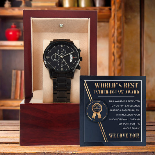 World's Best Father-in-Law Gift Unconditional Love and Support Black Chronograph Watch