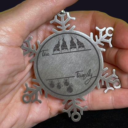Gnome Four Family Personalized Snowflake Ornament Laser Engraved Stainless Steel