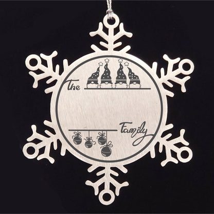 Gnome Four Family Personalized Snowflake Ornament Laser Engraved Stainless Steel