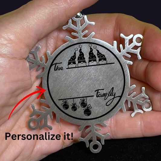 Gnome Four Family Personalized Snowflake Ornament Laser Engraved Stainless Steel