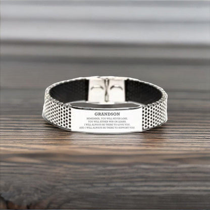 Grandson Stainless Steel Shark Mesh Bracelet, Remember, You Will Never Lose. You Will Either Win or Learn, Steel Engraved Bracelet for your Grandson, Birthday, Christmas Gifts Ideas - Mallard Moon Gift Shop