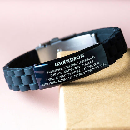 Grandson Black Glide Lock Bracelet, Remember, You Will Never Lose. You Will Either Win or Learn, Leather Engraved Bracelets for your Grandson, Birthday, or Christmas, Inspirational Gifts Ideas - Mallard Moon Gift Shop