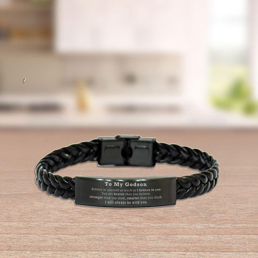 Godson Braided Leather Bracelet Gifts, To My Godson You are braver than you believe, stronger than you seem, Inspirational Gifts For Godson Engraved, Birthday, Christmas Gifts For Godson Men Women - Mallard Moon Gift Shop
