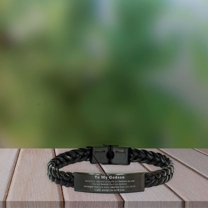 Godson Braided Leather Bracelet Gifts, To My Godson You are braver than you believe, stronger than you seem, Inspirational Gifts For Godson Engraved, Birthday, Christmas Gifts For Godson Men Women - Mallard Moon Gift Shop