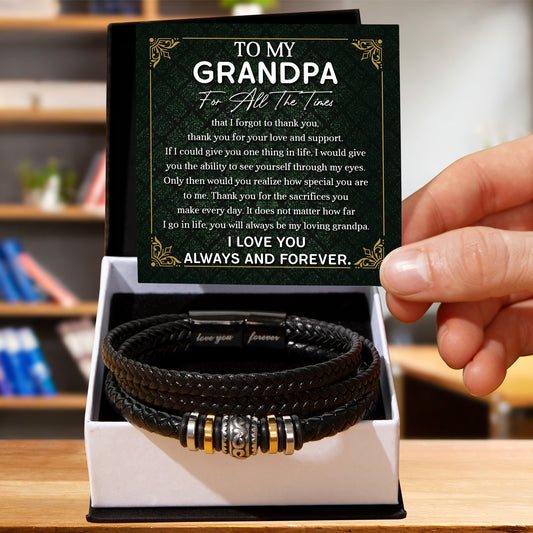 Grandpa Gift Thank You for Your Love and Support Black Braided Leather Men's Bracelet