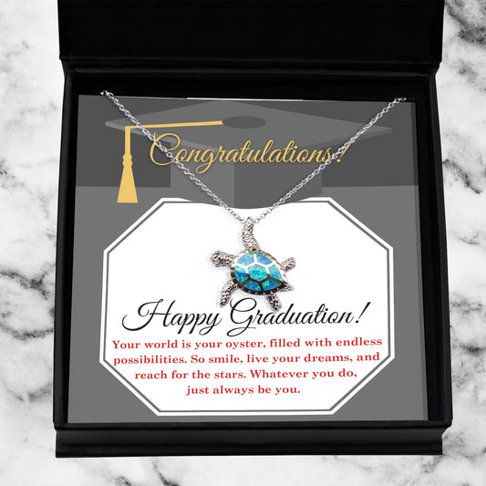 Graduation Gift The World is your Oyster Always Be You Opal Sea Turtle Pendant Necklace