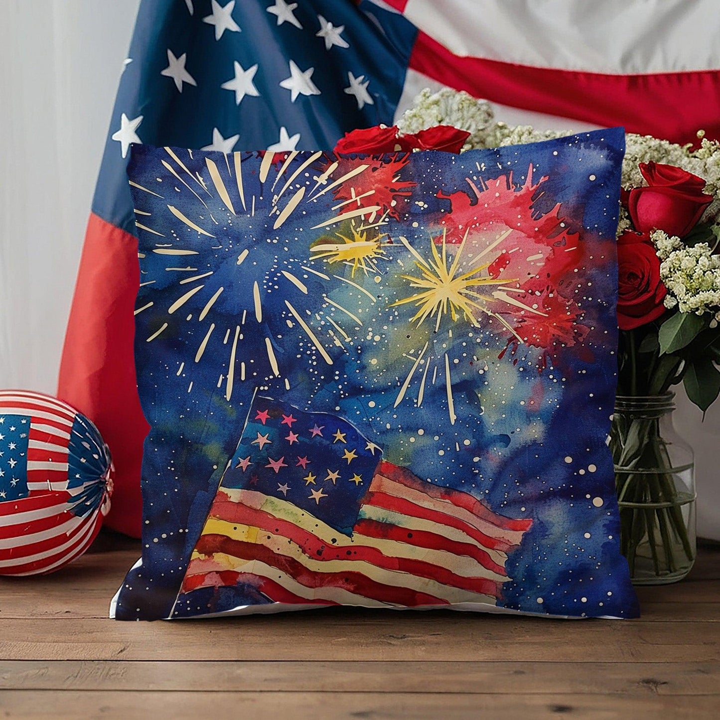 Fireworks Flag and Freedom Patriotic Indoor-Outdoor Home Decor Pillow