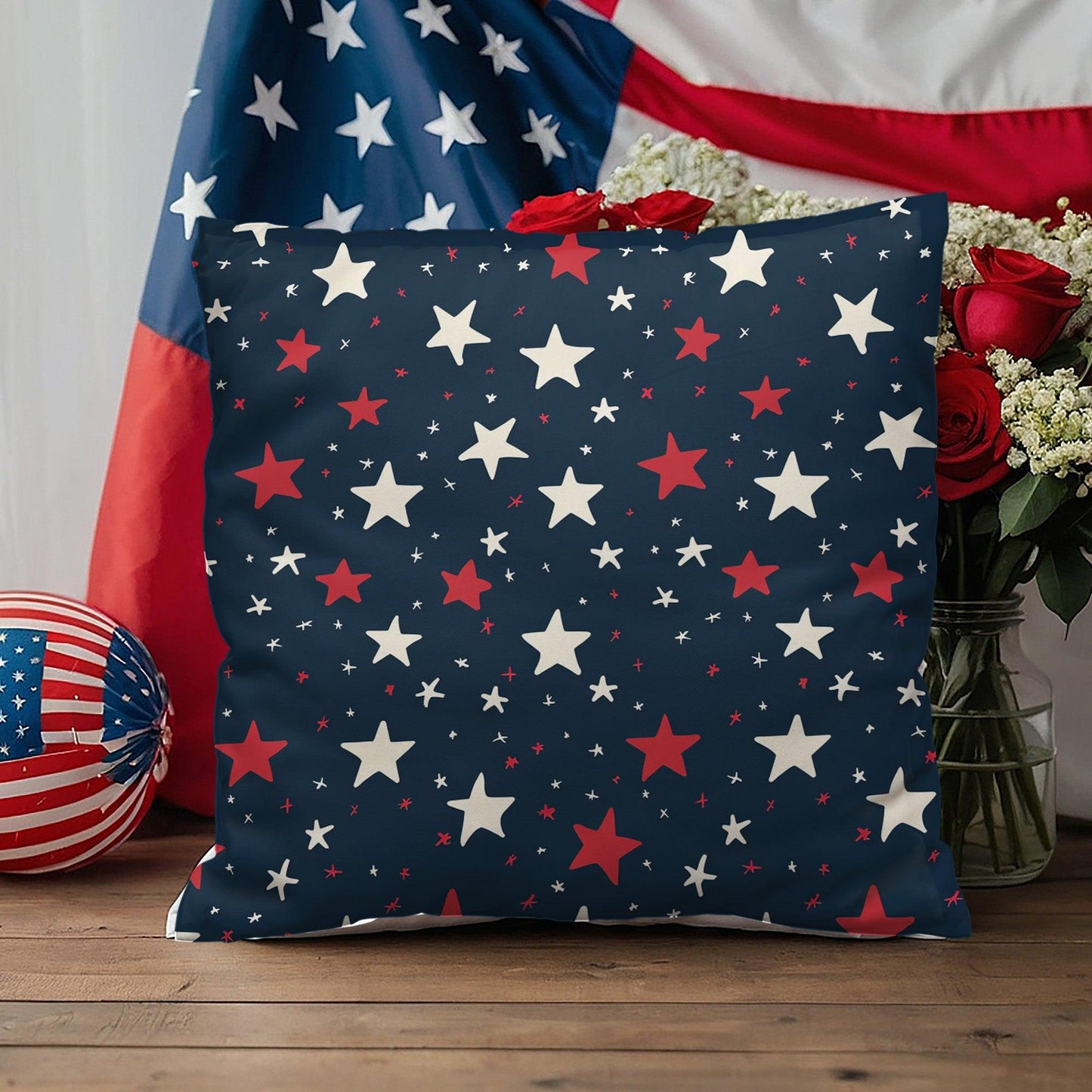 Red and White Stars on Navy Blue Patriotic Indoor-Outdoor Pillow