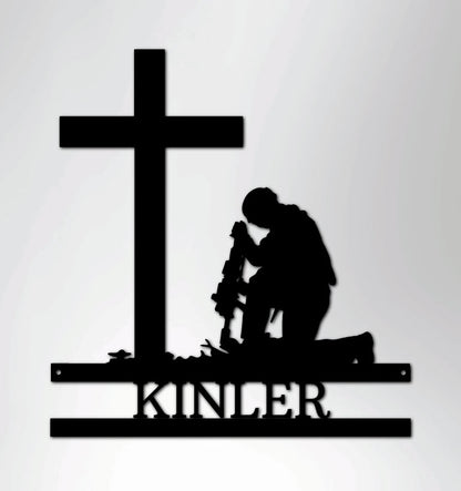 Praying Soldier Kneeling at Cross Custom Name Metal Wall Art