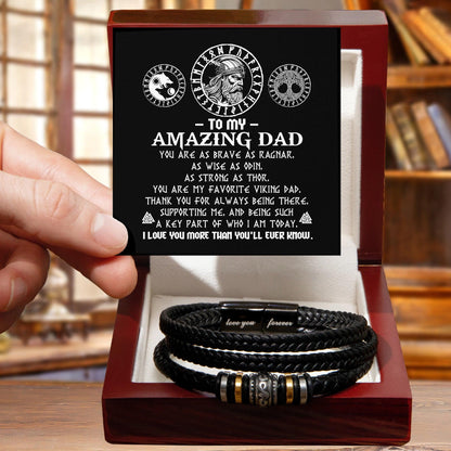 Gift for Dad - Viking Dad Brave as Ragnar Black Braided Leather Men's Bracelet