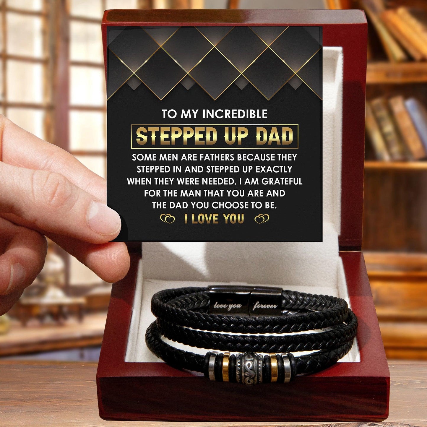 To My Incredible Stepped Up Dad - The Dad You Choose to Be Men's Leather Bracelet with Gift Box