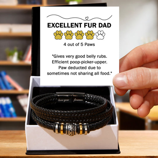 Gift for Fur Dad Belly Rubber Black Braided Leather Men's Bracelet