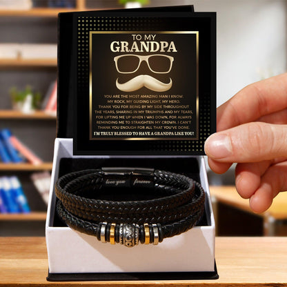 To My Grandpa - My Rock My Guiding Light My Hero Men's Leather Bracelet