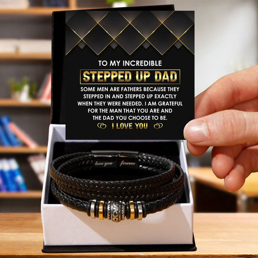 To My Incredible Stepped Up Dad - The Dad You Choose to Be Men's Leather Bracelet with Gift Box