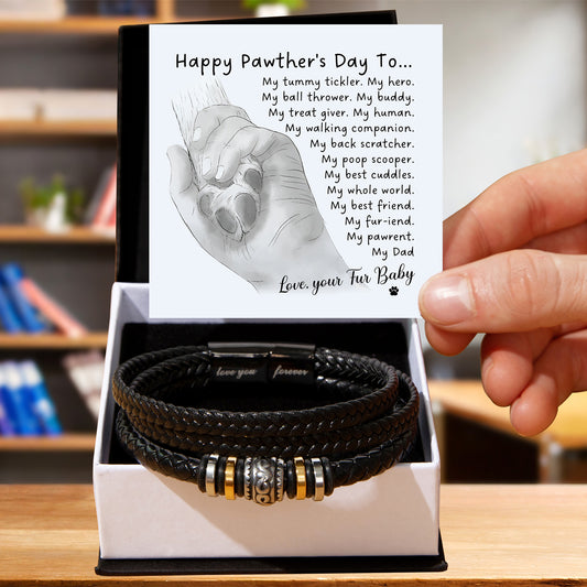 Gift for Fur Dad Happy Pawther's Day Personalized Black Braided Leather Men's Bracelet