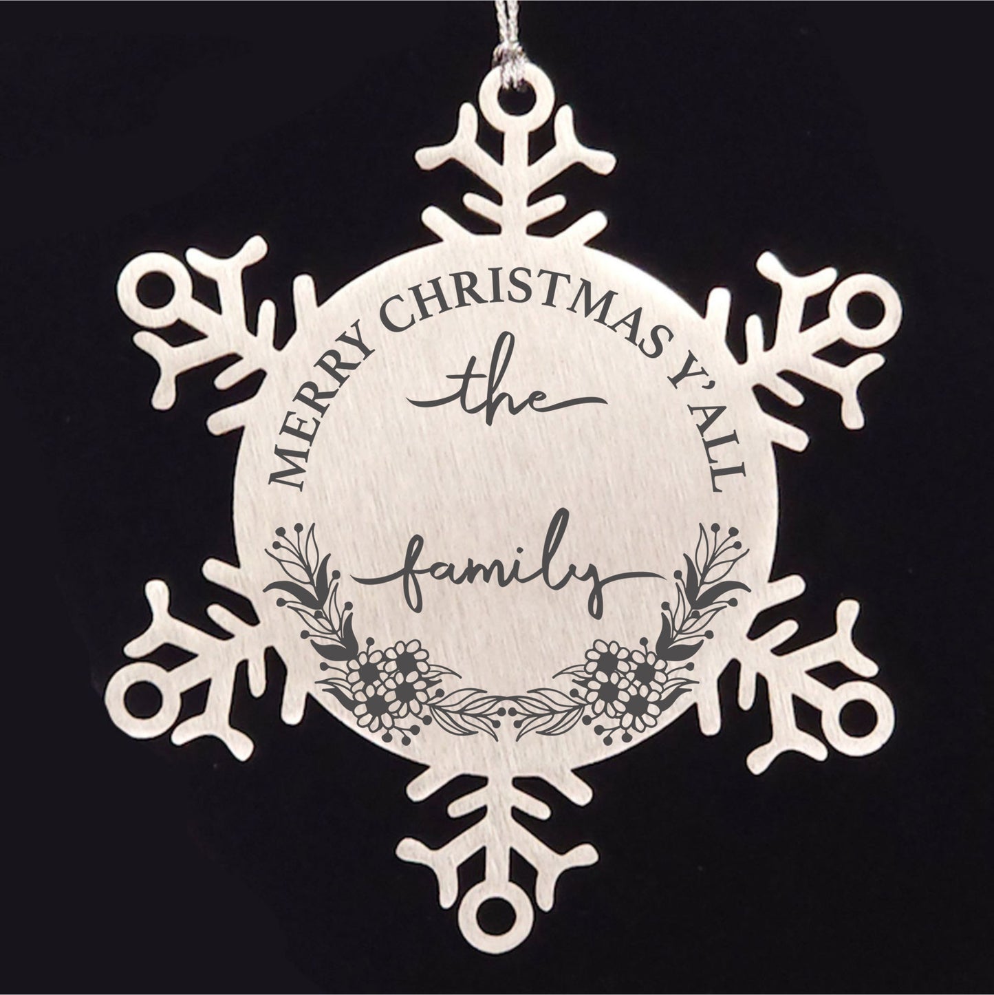 Personalized Merry Christmas Y'all Stainless Steel Laser Engraved Snowflake Tree Ornament