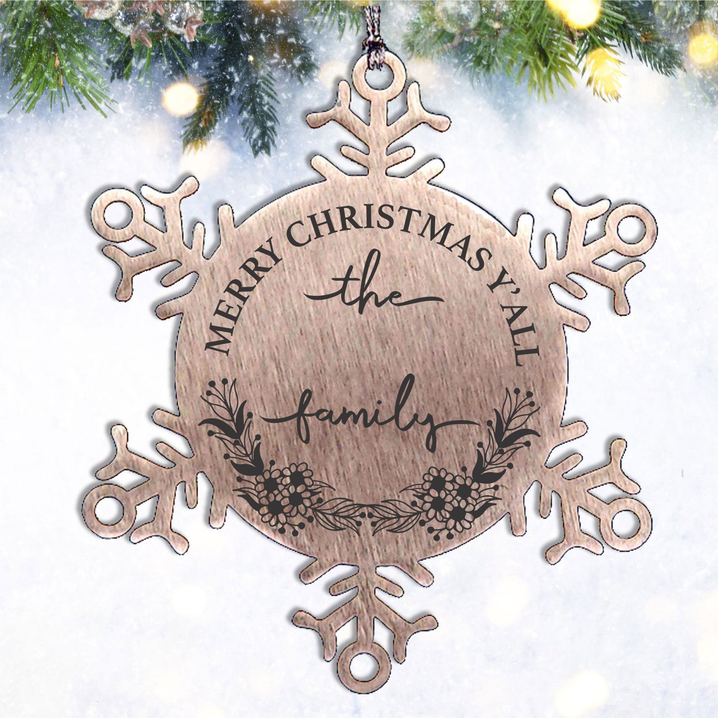 Personalized Merry Christmas Y'all Stainless Steel Laser Engraved Snowflake Tree Ornament