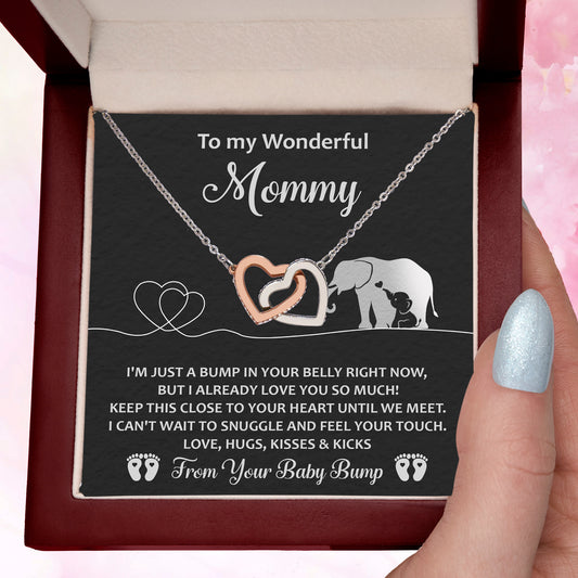 Gift for the Expectant Mom Love, Kisses and Kicks from the Baby Bump Until We Meet Interlocking Hearts Necklace