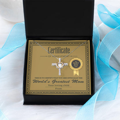 World's Greatest Mom Personalized Certificate of Achievement Cross Pendant Necklace