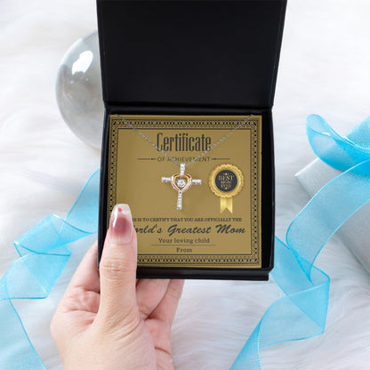 World's Greatest Mom Personalized Certificate of Achievement Cross Pendant Necklace