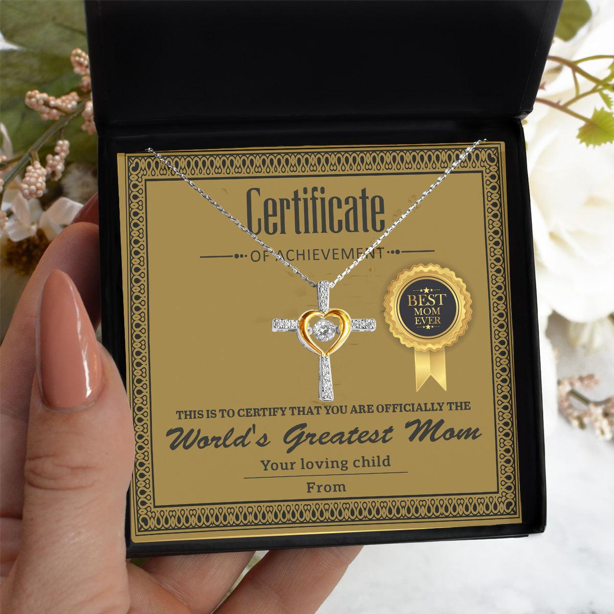 World's Greatest Mom Personalized Certificate of Achievement Cross Pendant Necklace