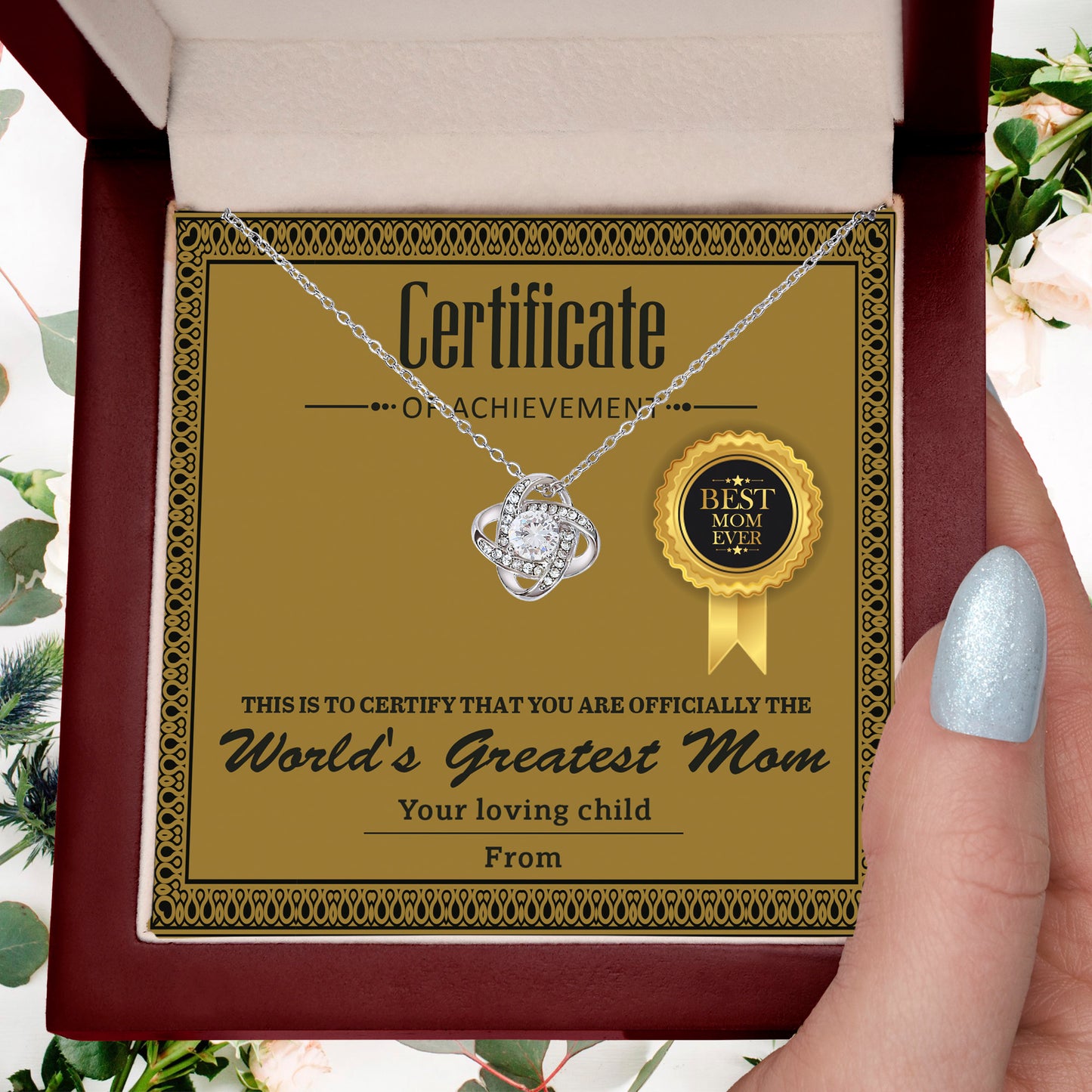 World's Greatest Mom Personalized Certificate of Achievement- Love Knot Necklace